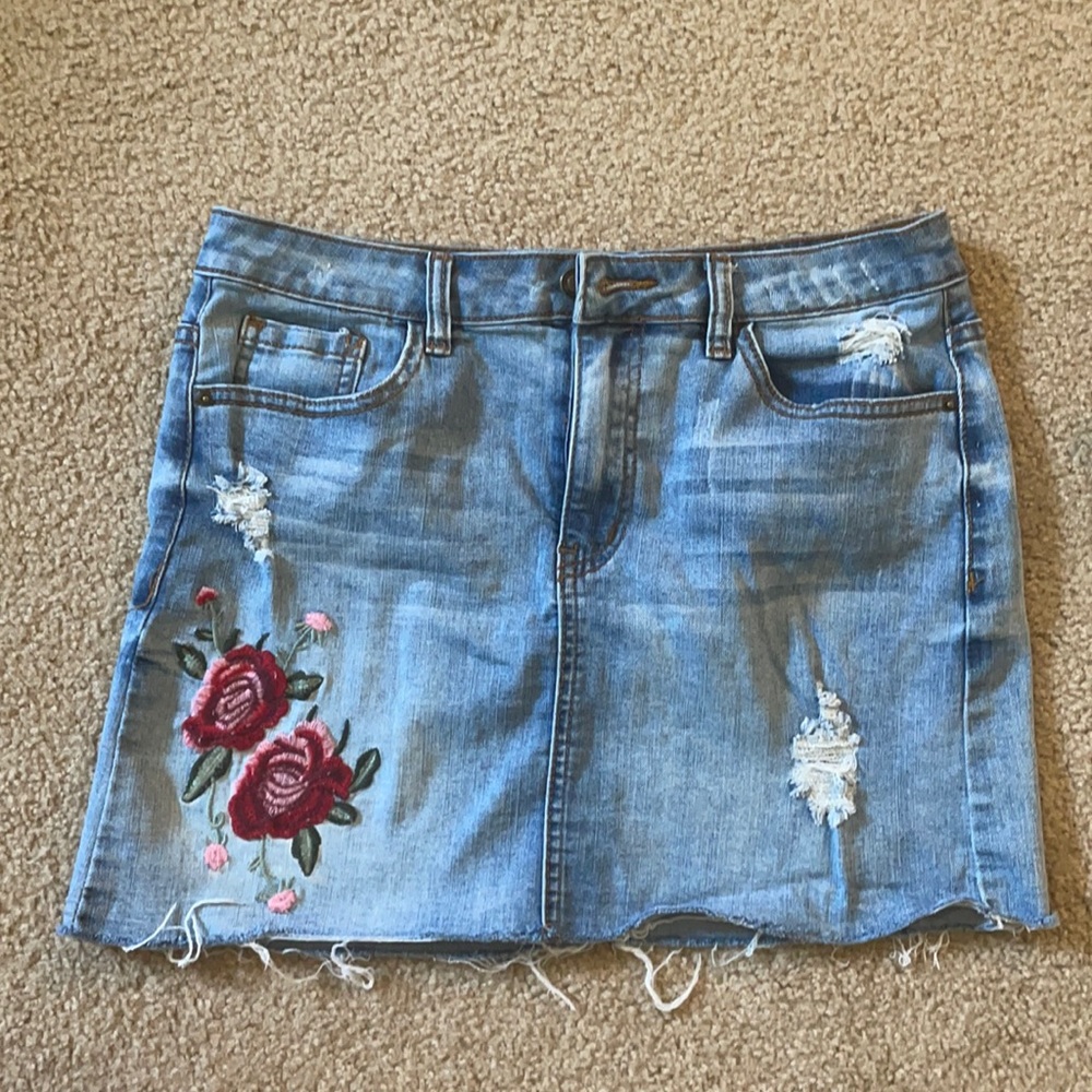 Floral embroidered jean skirt